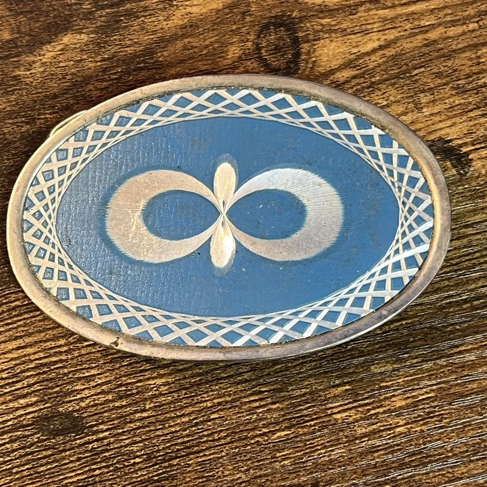 Vintage Western Belt Buckle Blue White Silver Etched Geometric Rope Border Metal